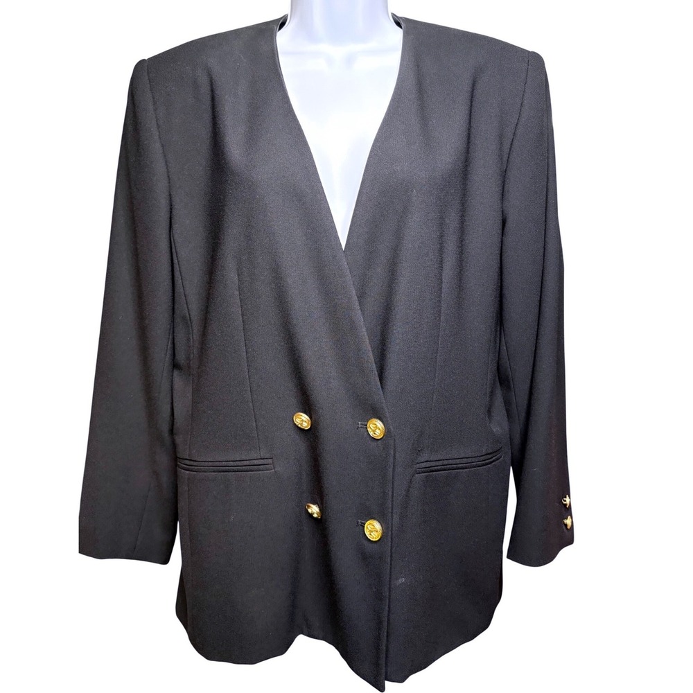 VTG 90s KASPER A.S.L. Womens Black Double Breasted Blazer 14P Classic Power Suit